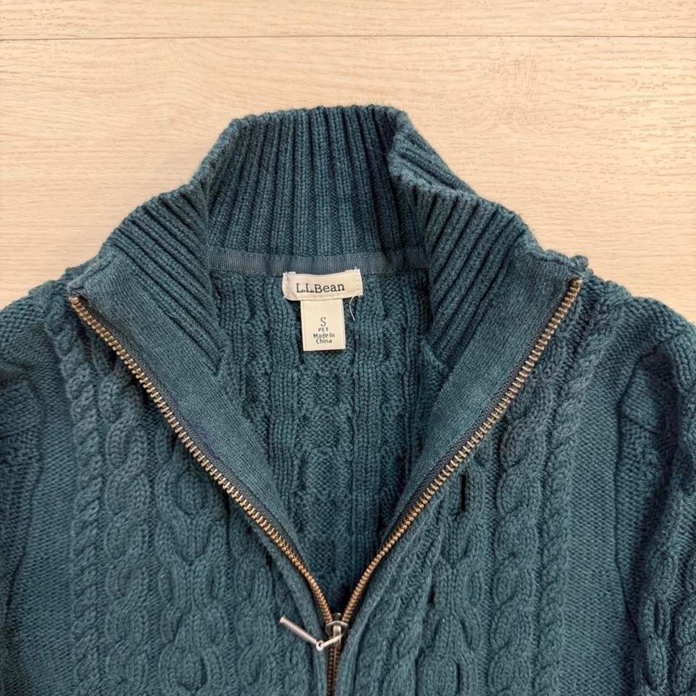L.L. Bean Green Fisherman Cable Knit Full Zip Sweater Womens Size Small - Picture 3 of 6